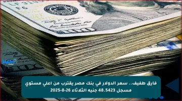 فارق طفيف.. سعر الدولار في بنك مصر يقترب من أعلى مستوى مسجل 48.5423 جنيه الثلاثاء 26-8-2025